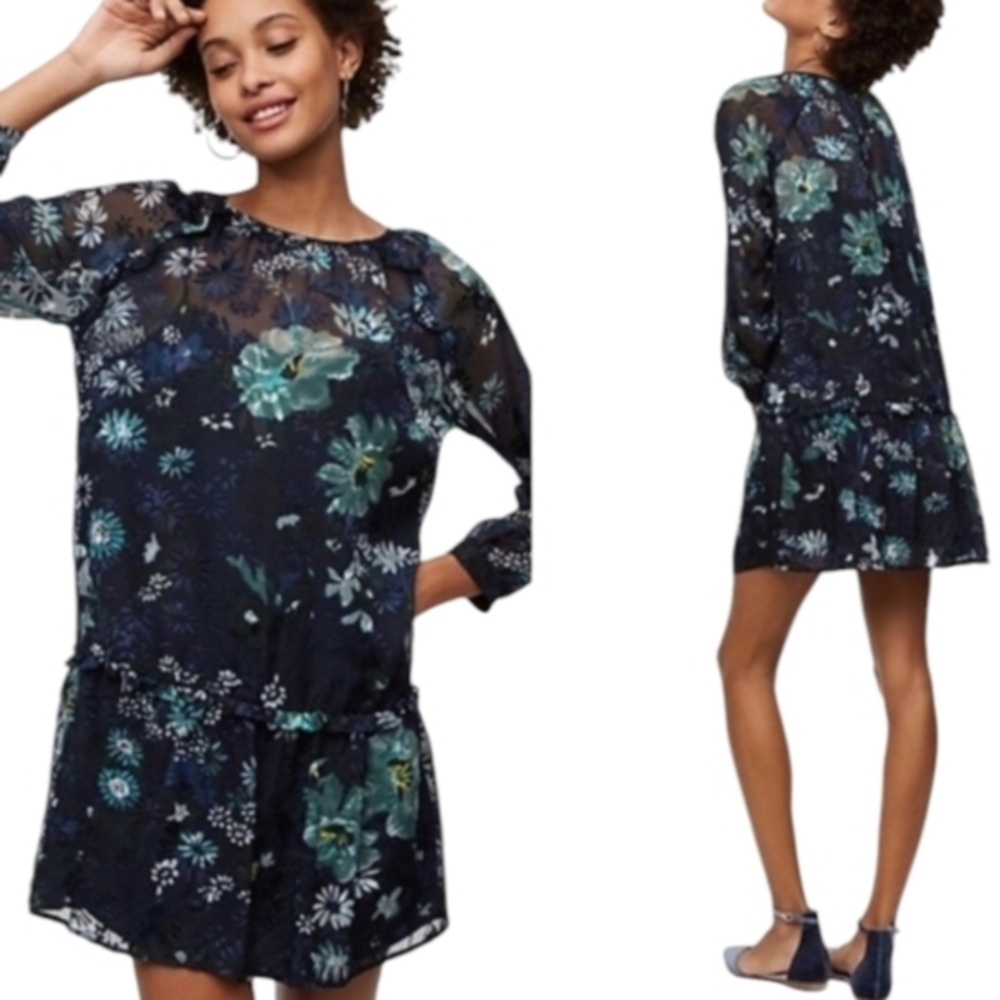 Loft Blue Floral Burnout Long Sleeve Mini Dress Size Small